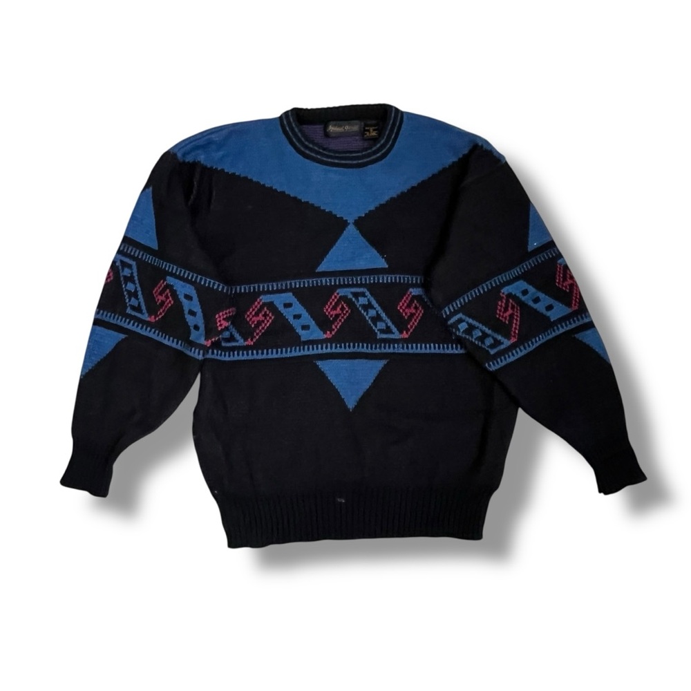 Michael Gerald Sweater Mens Large Black Blue Geo Print Acrylic Vintage 80s Korea